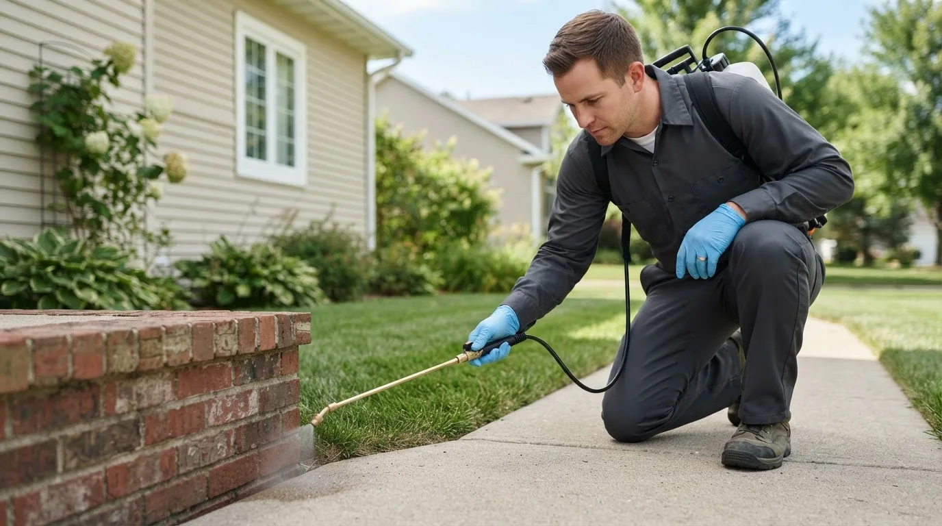 Pest control technician treating a home near Steele, ND
